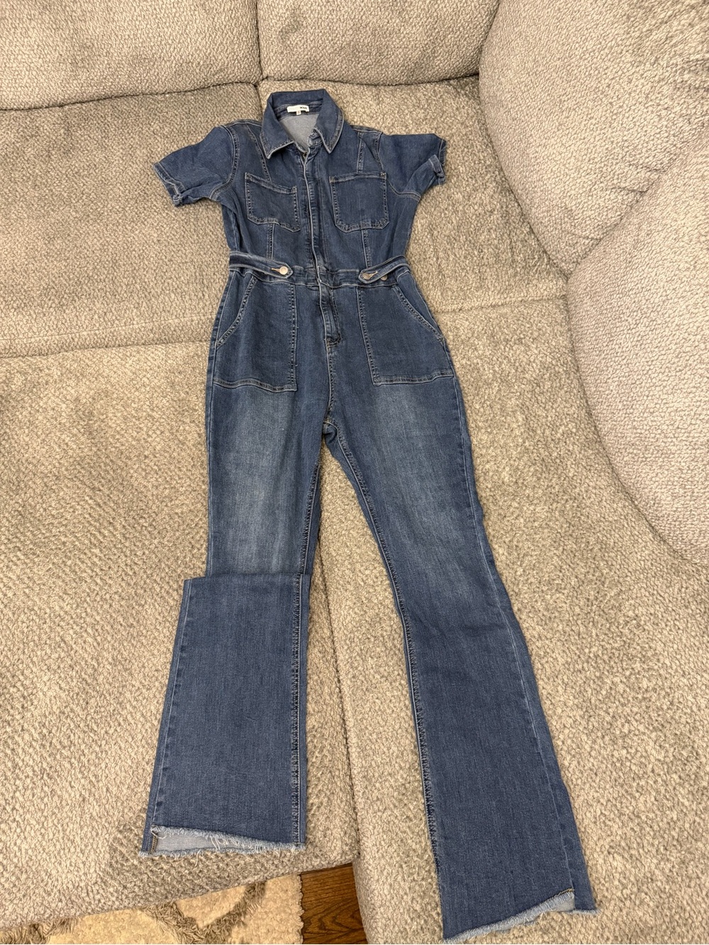 Fashion Nova Dark Blue Denim Short Sleeve Jumpsuit